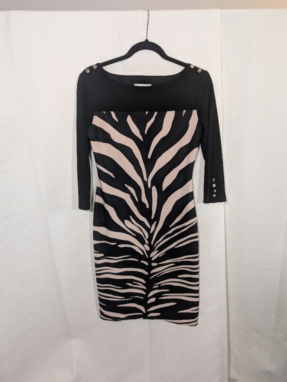 Joseph Ribkoff Zebra Print Midi Dress Black Beige Size 6 Chic Cocktail Wedding